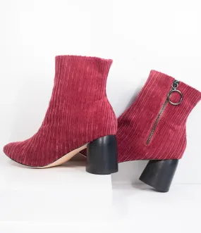 1970s Style Wine Red Velvet Corduroy Stacked Heel Booties