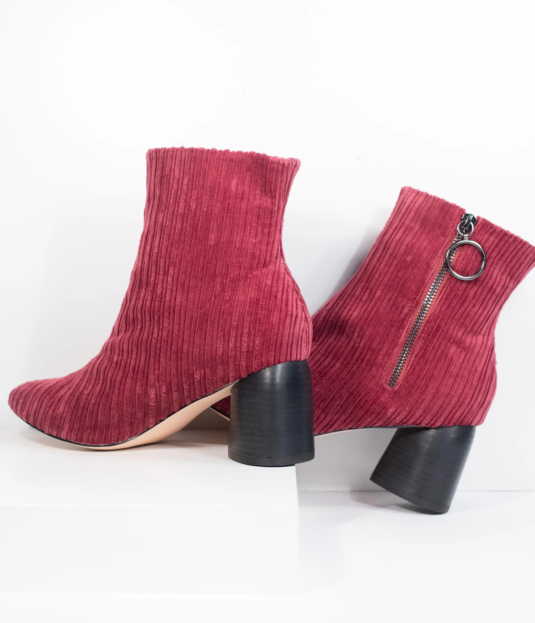 1970s Style Wine Red Velvet Corduroy Stacked Heel Booties