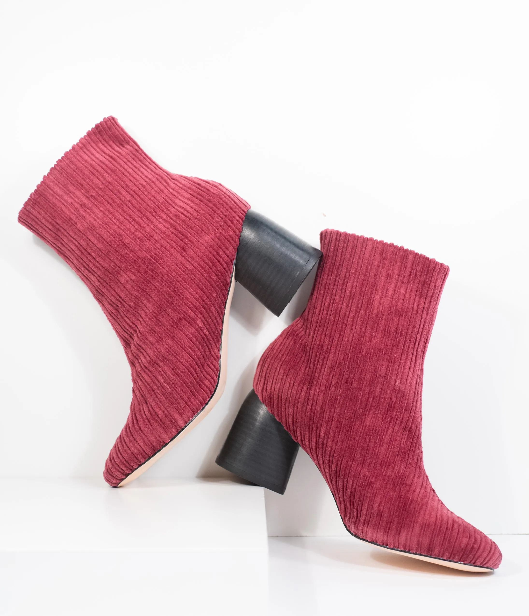 1970s Style Wine Red Velvet Corduroy Stacked Heel Booties
