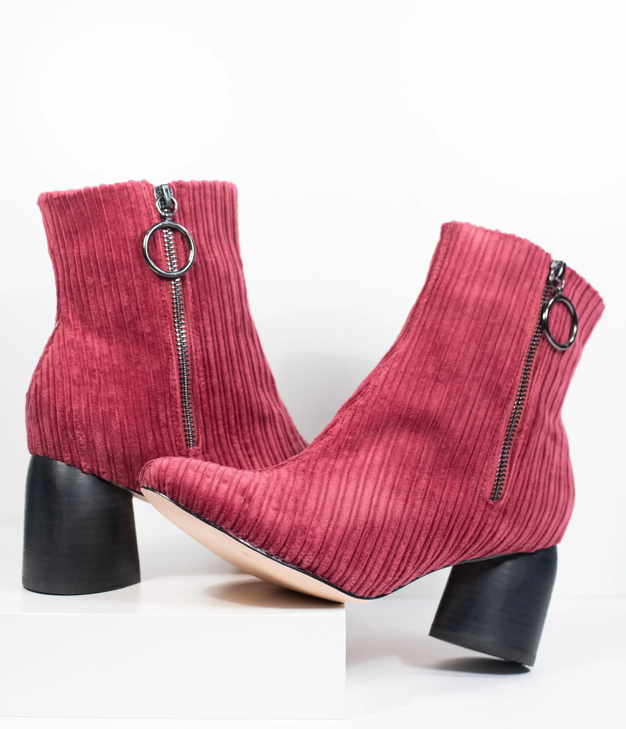 1970s Style Wine Red Velvet Corduroy Stacked Heel Booties
