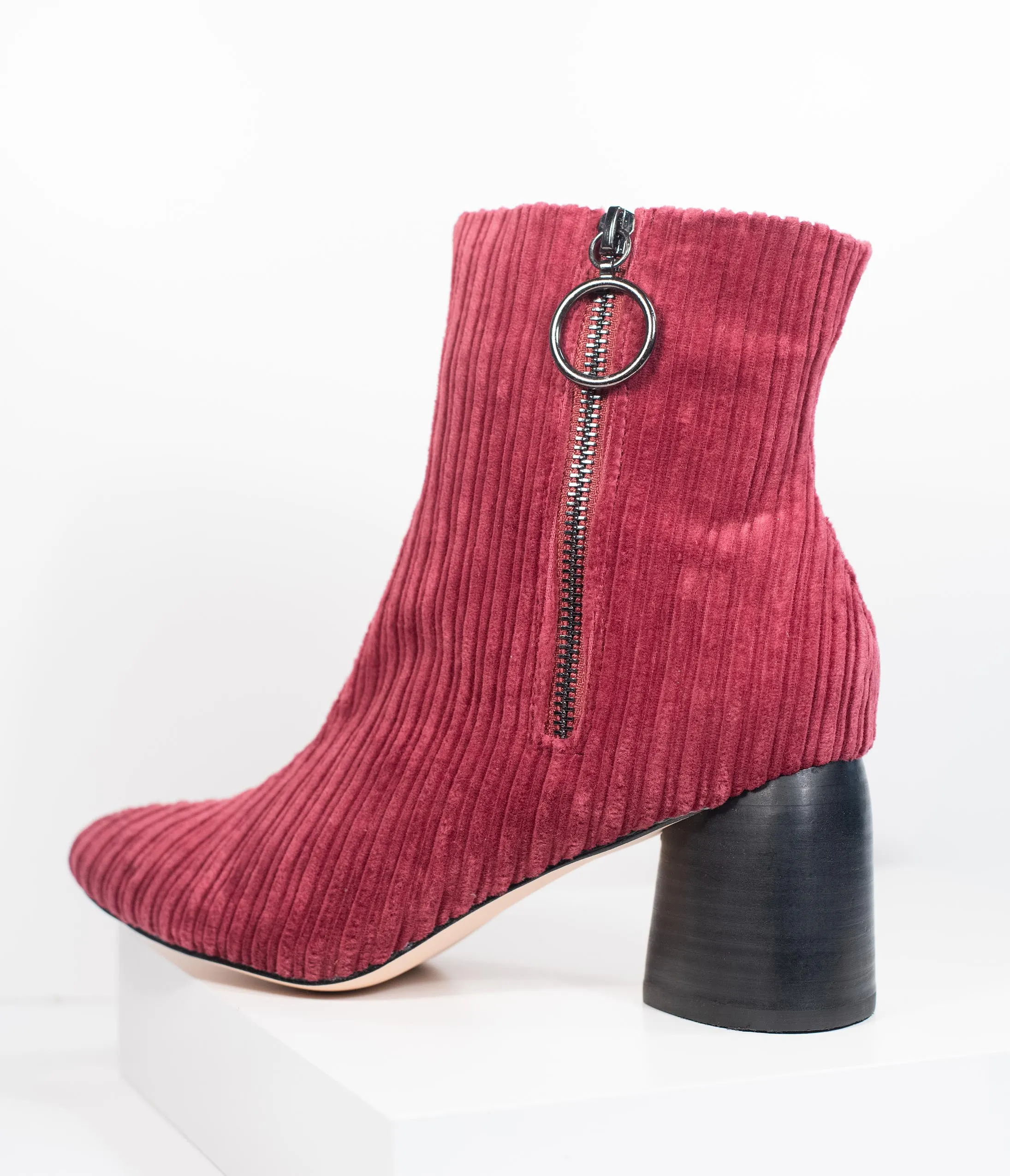 1970s Style Wine Red Velvet Corduroy Stacked Heel Booties