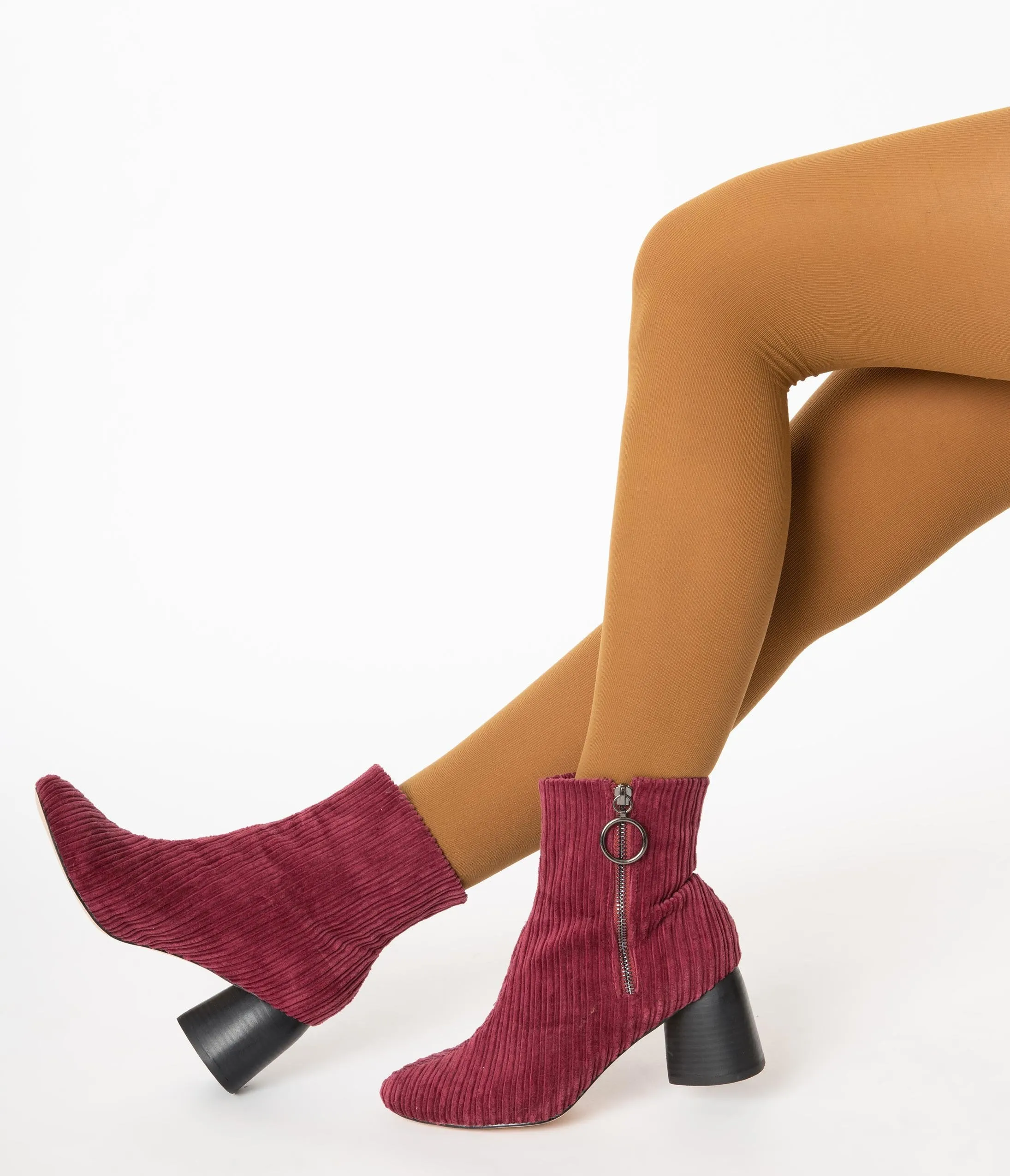 1970s Style Wine Red Velvet Corduroy Stacked Heel Booties