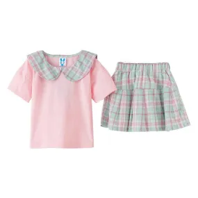 2 Pcs Girl Junior Fresh Plaid Printed Tops And Skirts