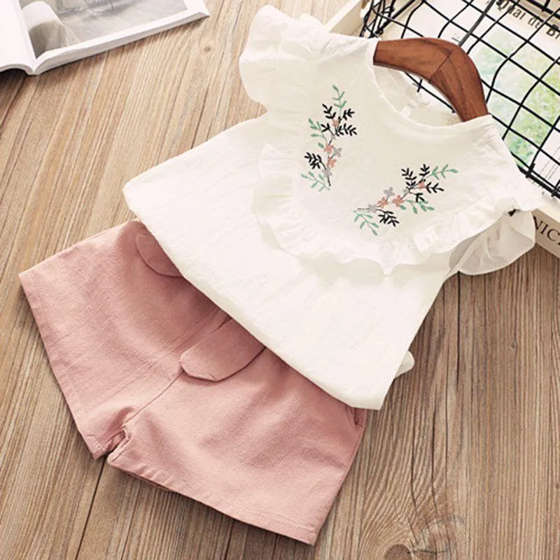 2 Pcs Girls Fresh Flower Design Tops Shorts Set