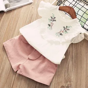 2 Pcs Girls Fresh Flower Design Tops Shorts Set