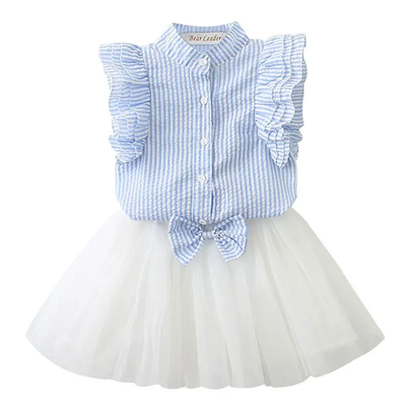 2 Pcs Girls Ruffle Sleeve Striped Print Tops And White Tutu Skirts