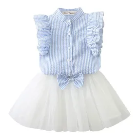 2 Pcs Girls Ruffle Sleeve Striped Print Tops And White Tutu Skirts