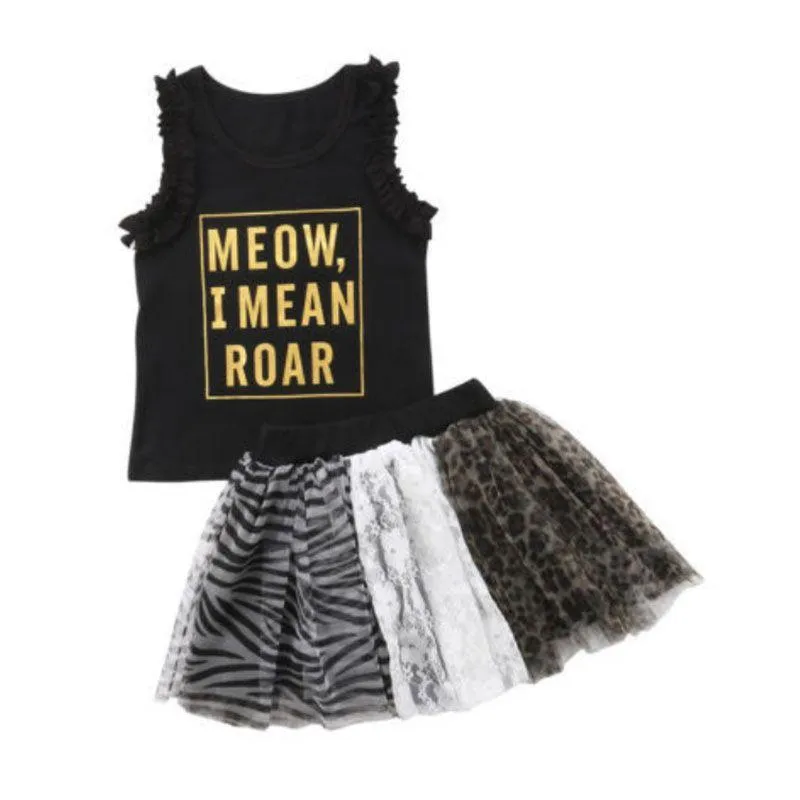 2 Pcs Set Baby Girl Cotton Letter Print Sleeveless Tops And Patchwork Tutu Skirts