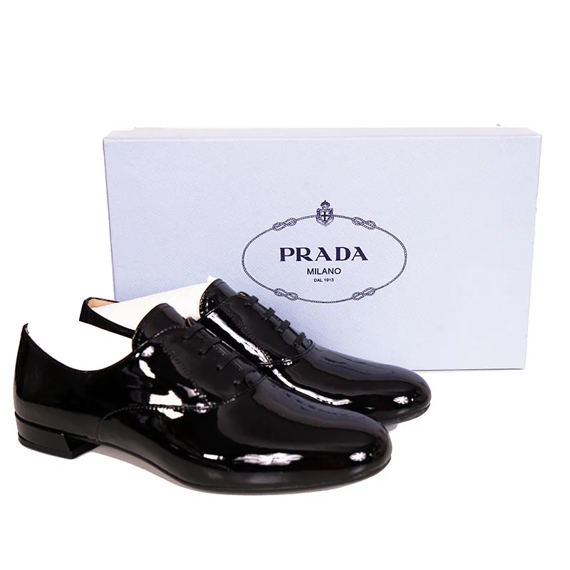 36 NEW $990 PRADA Woman's Black Patent Leather CLASSIC OXFORD DRESS SHOES US 6