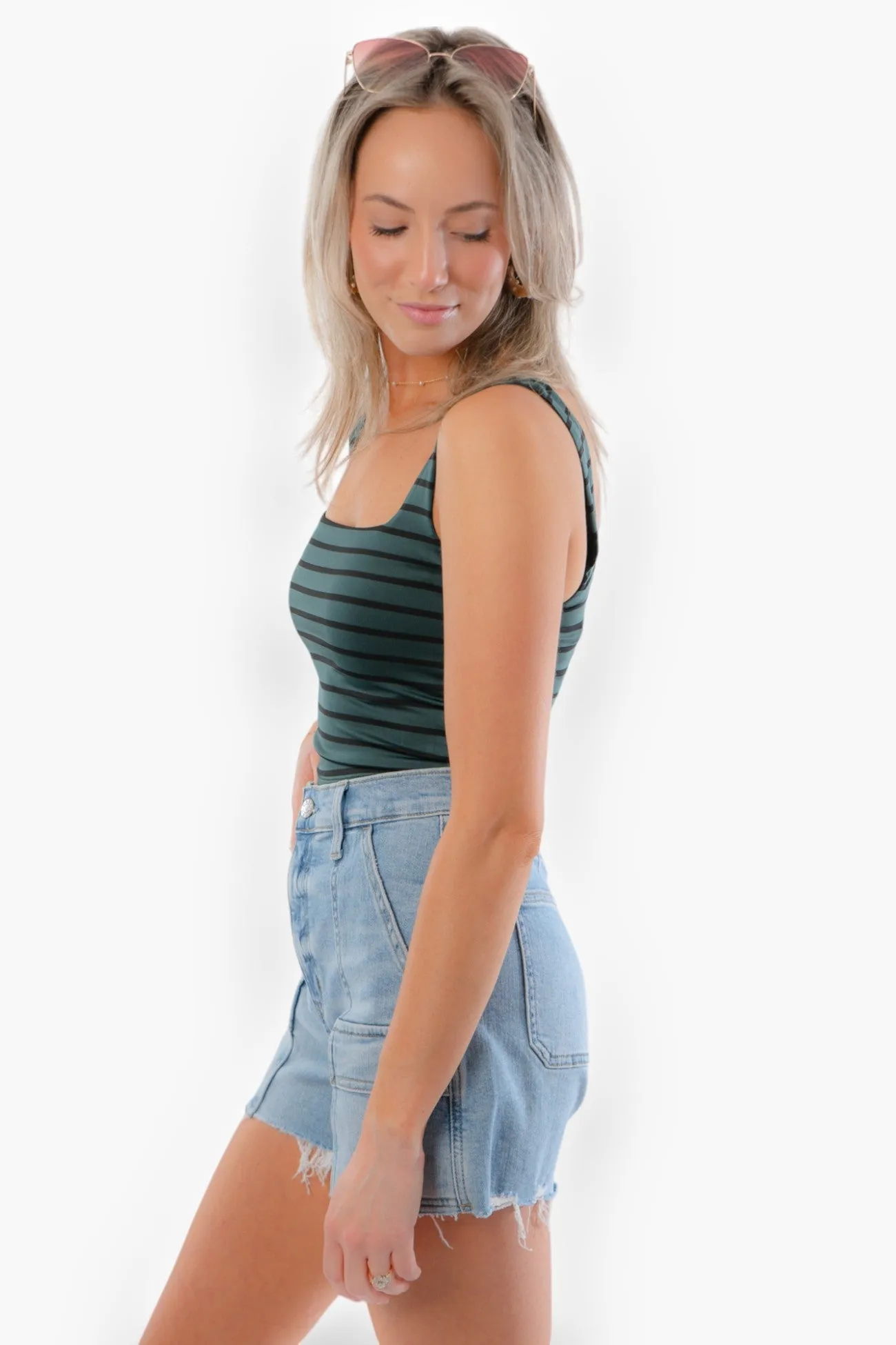 Bella Green & Black Square Neck Seamless Cropped Tank