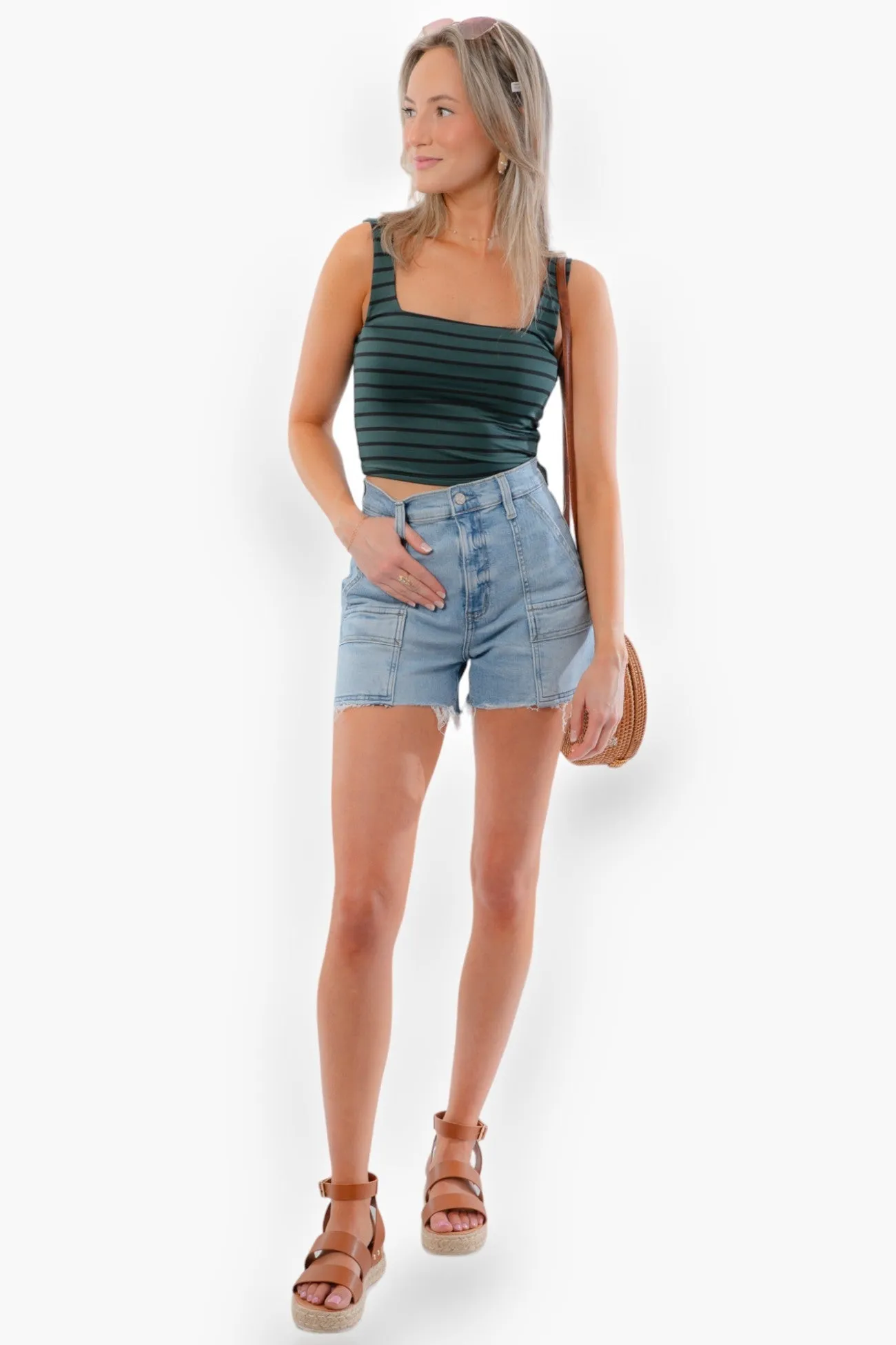 Bella Green & Black Square Neck Seamless Cropped Tank