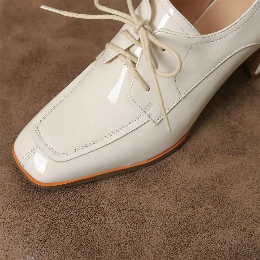 Betastella Women's Patent Leather Chunky Oxfords Square Toe Block Heeled Lace Up Pumps Dress Office Shoes