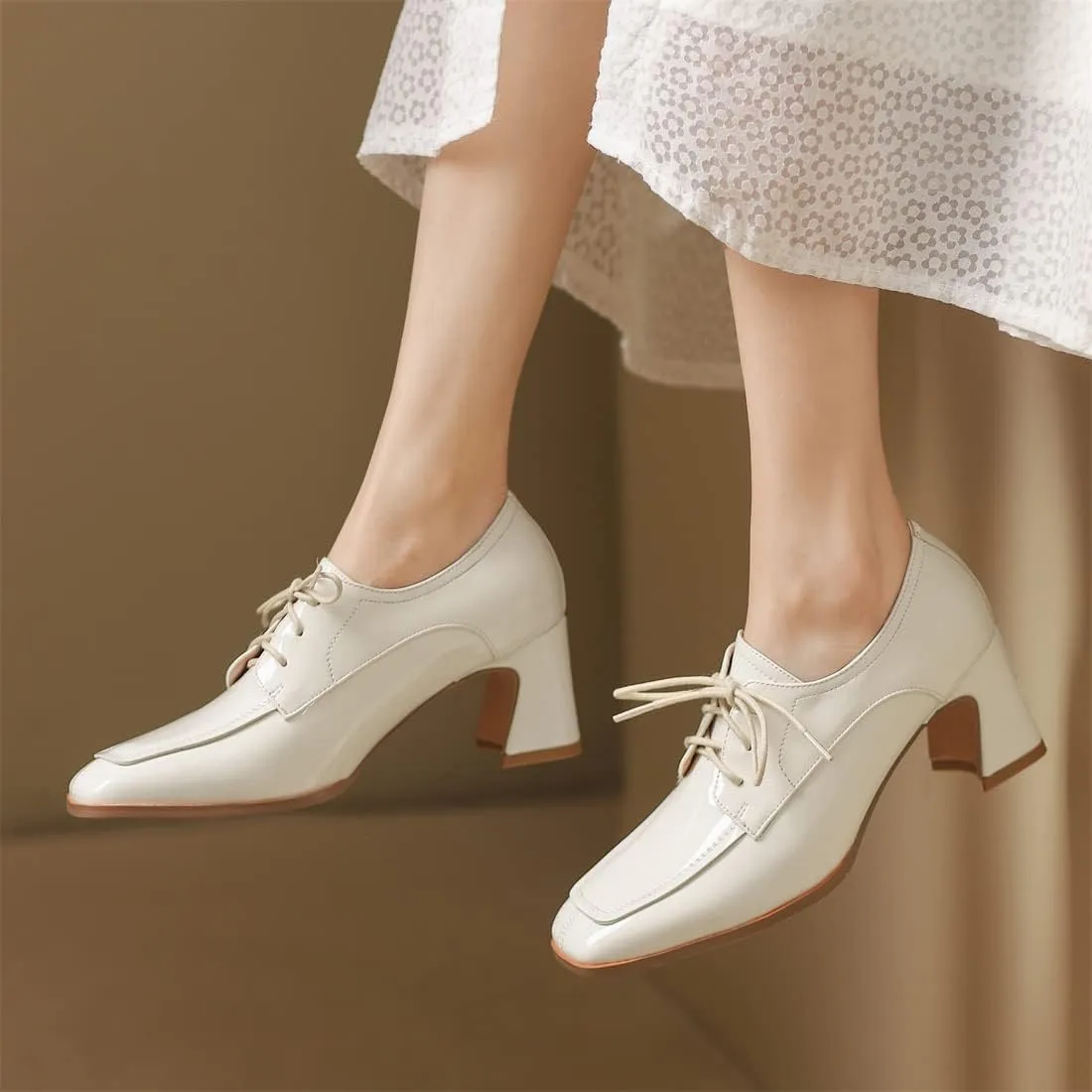 Betastella Women's Patent Leather Chunky Oxfords Square Toe Block Heeled Lace Up Pumps Dress Office Shoes
