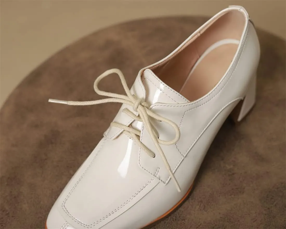 Betastella Women's Patent Leather Chunky Oxfords Square Toe Block Heeled Lace Up Pumps Dress Office Shoes