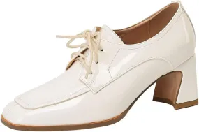 Betastella Women's Patent Leather Chunky Oxfords Square Toe Block Heeled Lace Up Pumps Dress Office Shoes