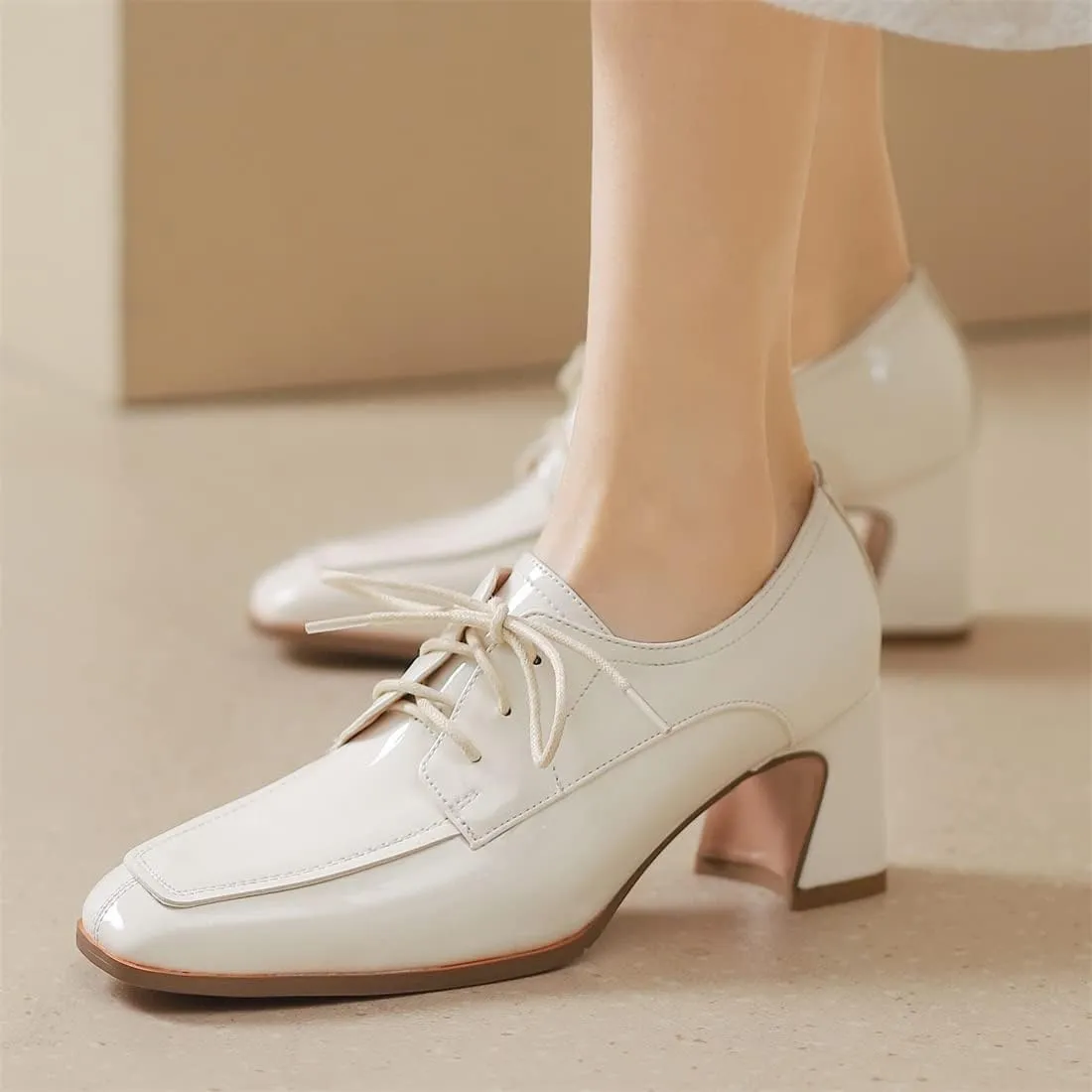 Betastella Women's Patent Leather Chunky Oxfords Square Toe Block Heeled Lace Up Pumps Dress Office Shoes