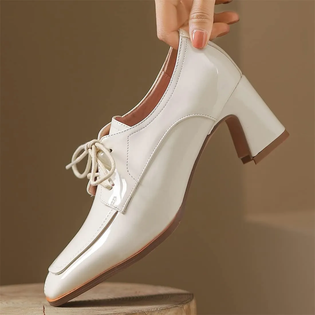 Betastella Women's Patent Leather Chunky Oxfords Square Toe Block Heeled Lace Up Pumps Dress Office Shoes