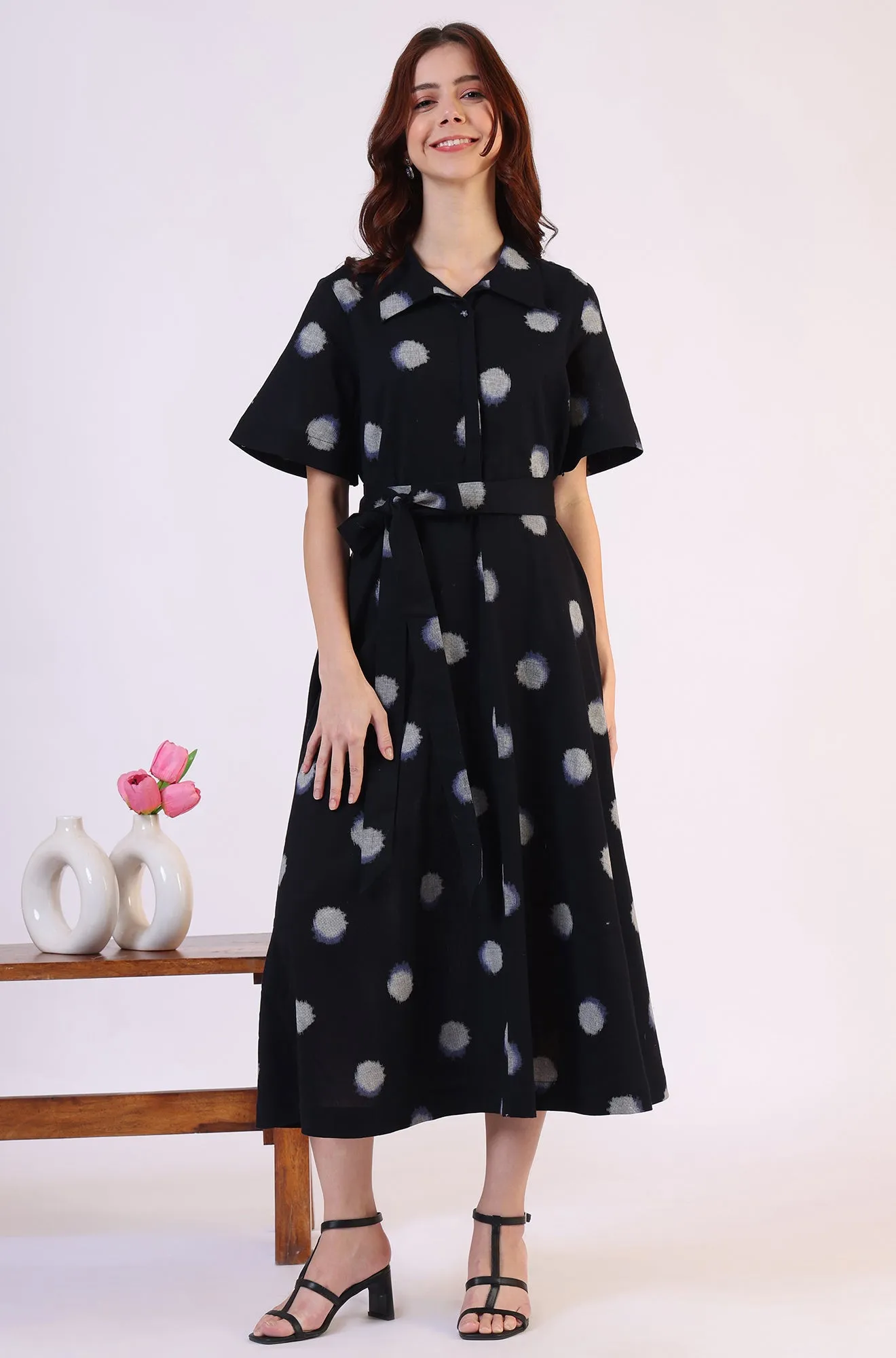 Black Printed Flared Cotton Blend Dress
