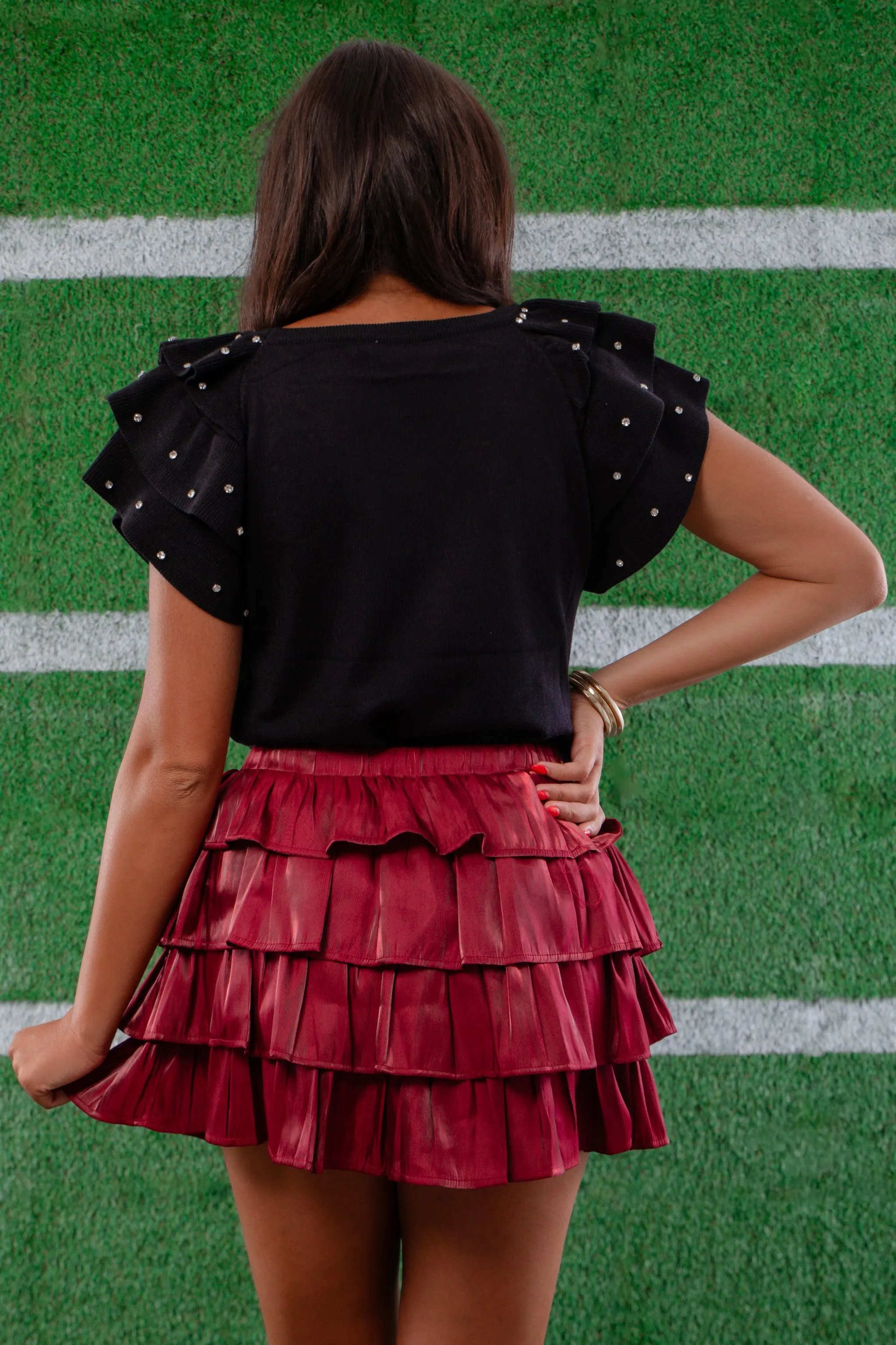 Black Rhinestone Ruffled Rib Knit Top
