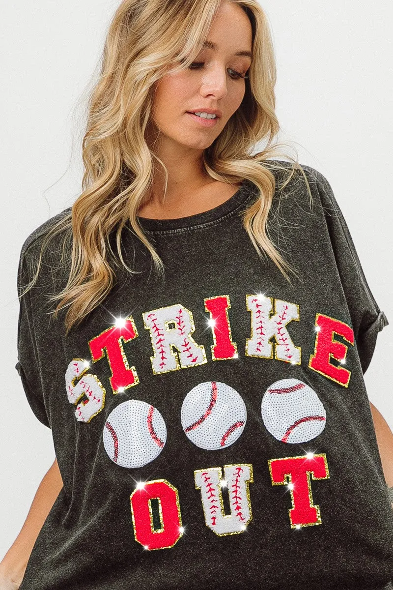 Black Strikeout Letter Patches Washed Out Short Sleeve Top  * - Final Sale
