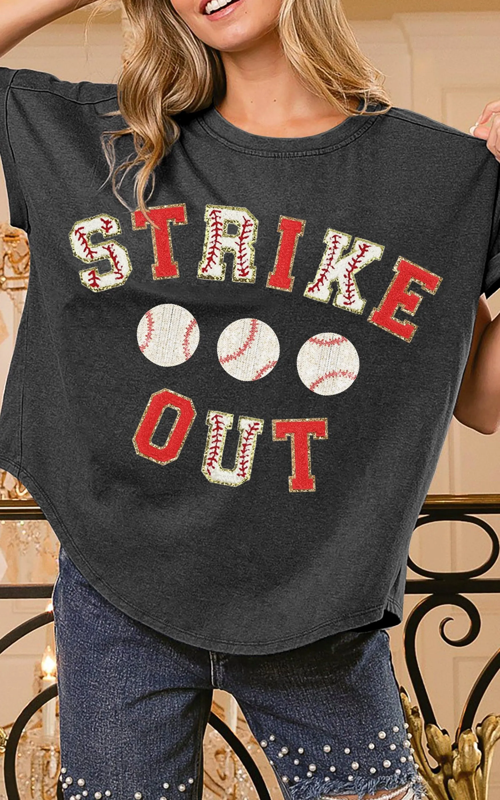 Black Strikeout Letter Patches Washed Out Short Sleeve Top  * - Final Sale