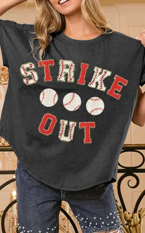 Black Strikeout Letter Patches Washed Out Short Sleeve Top  * - Final Sale