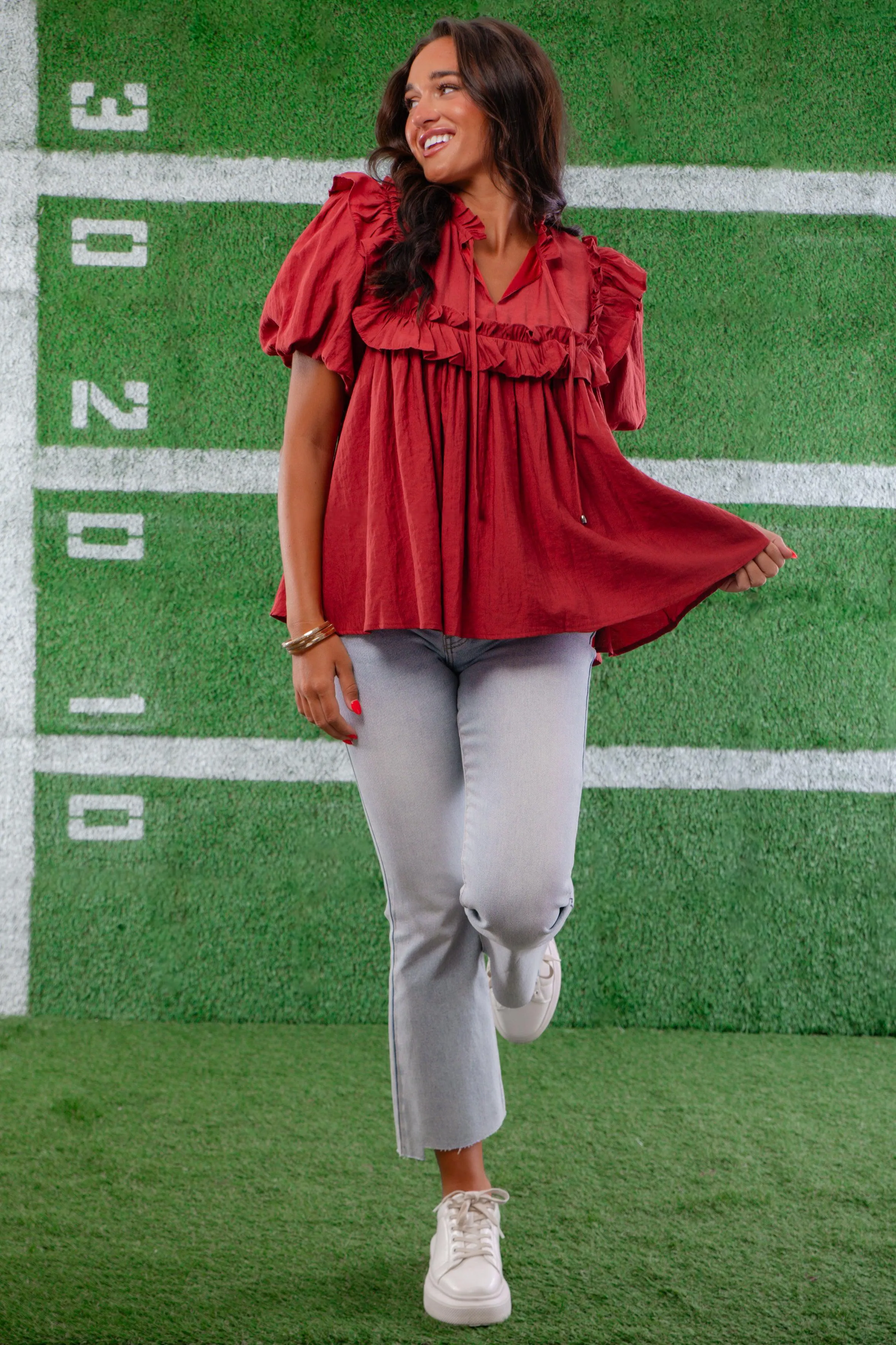 Brick Ruffle Puff Sleeve Blouse