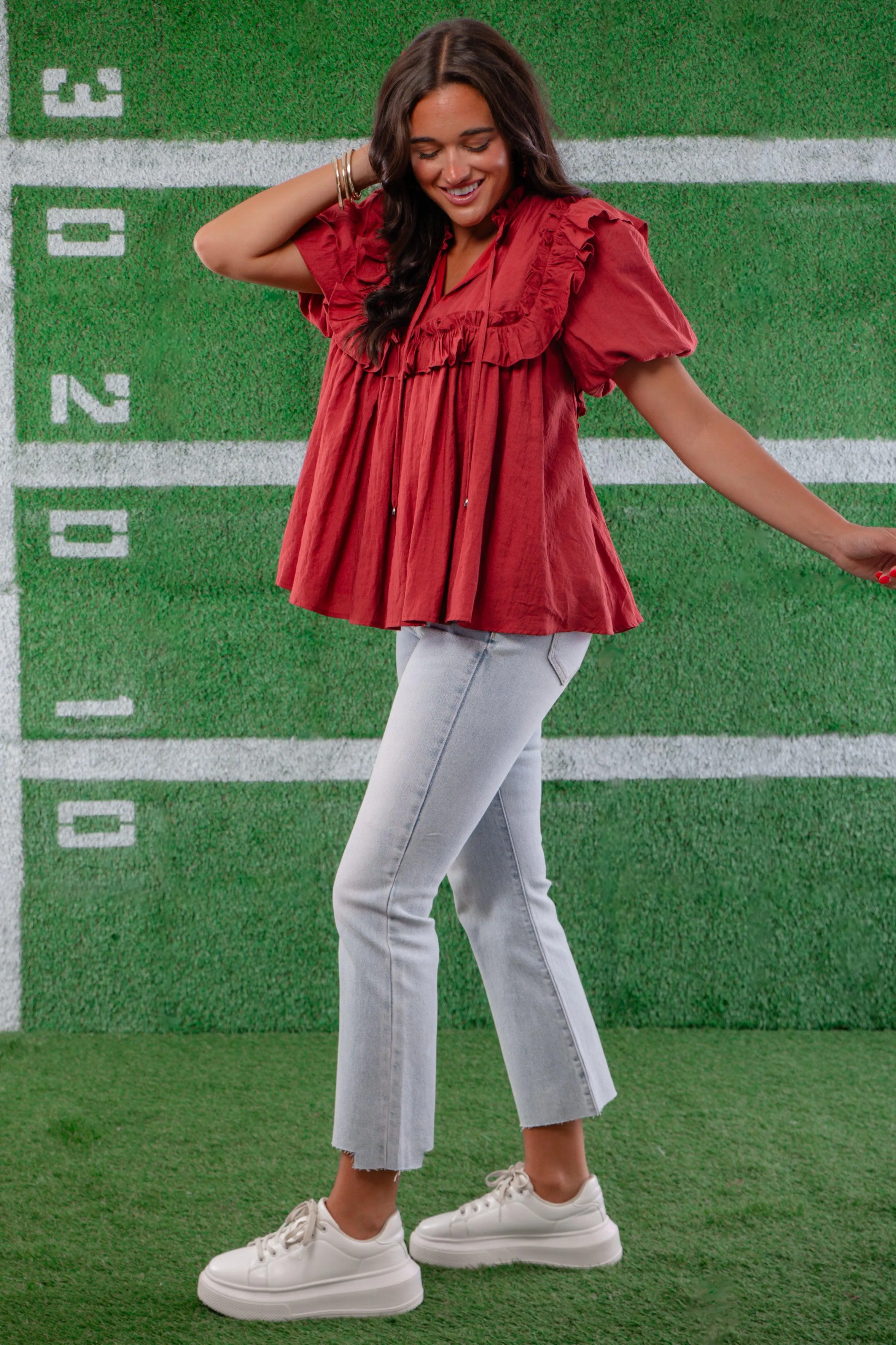 Brick Ruffle Puff Sleeve Blouse