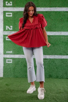 Brick Ruffle Puff Sleeve Blouse