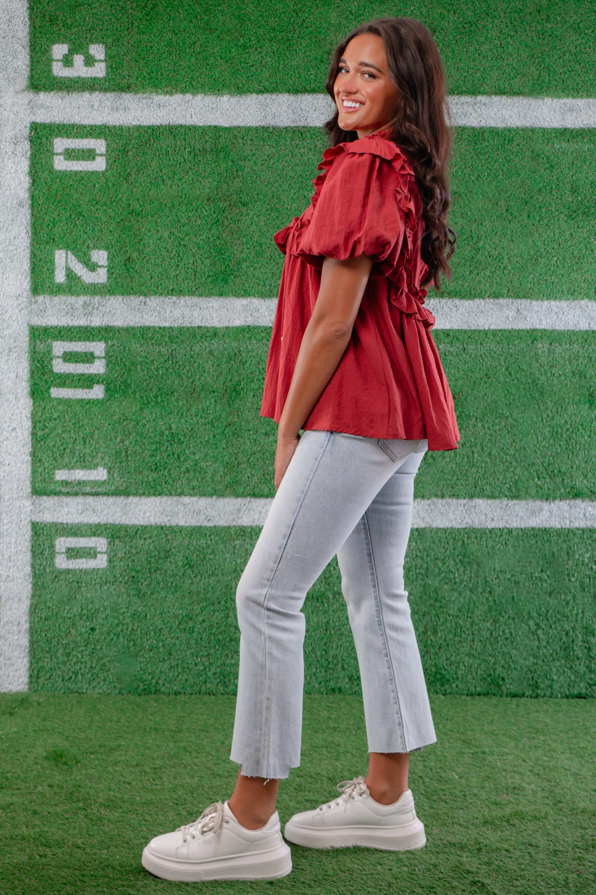 Brick Ruffle Puff Sleeve Blouse