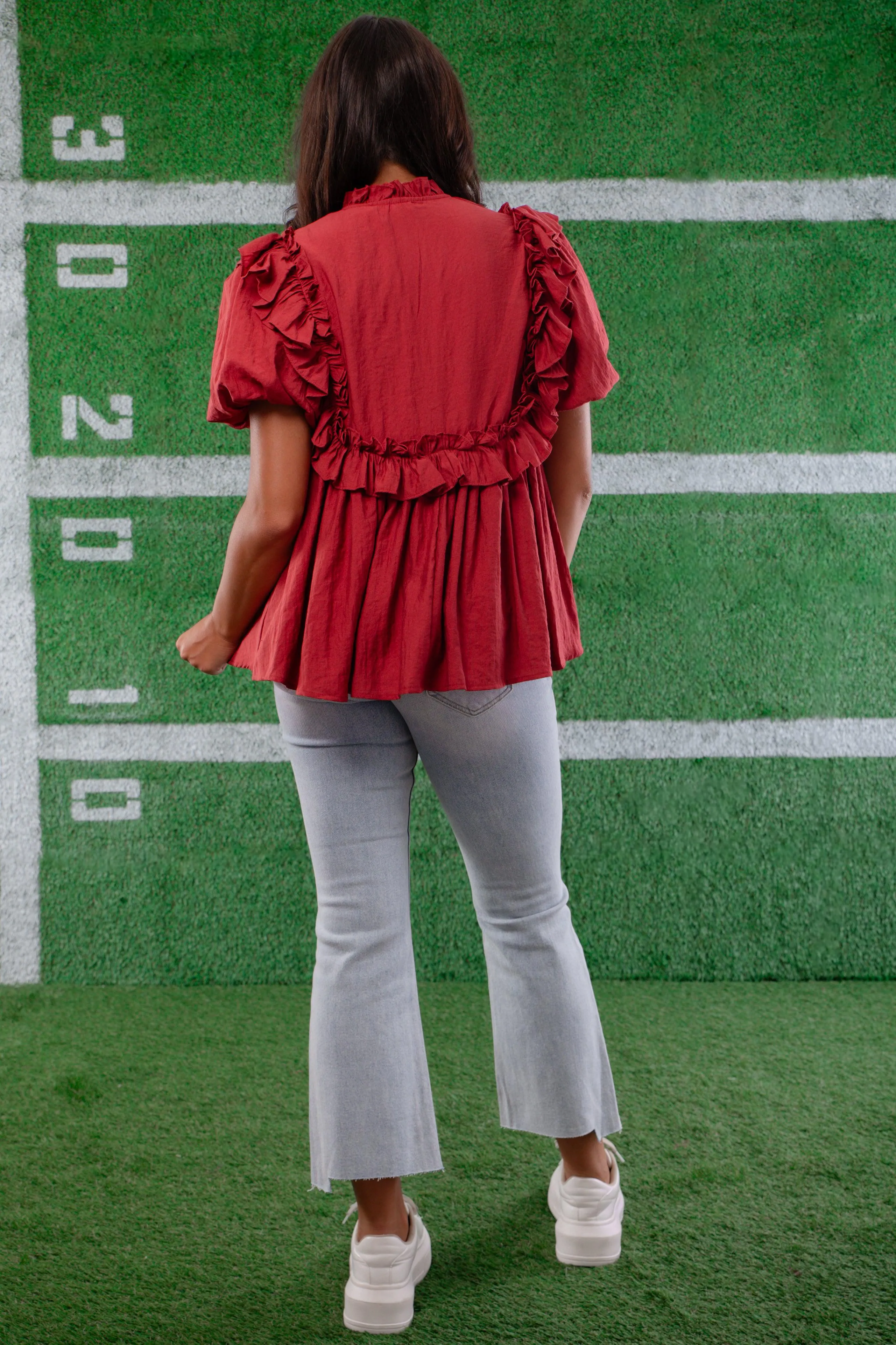 Brick Ruffle Puff Sleeve Blouse