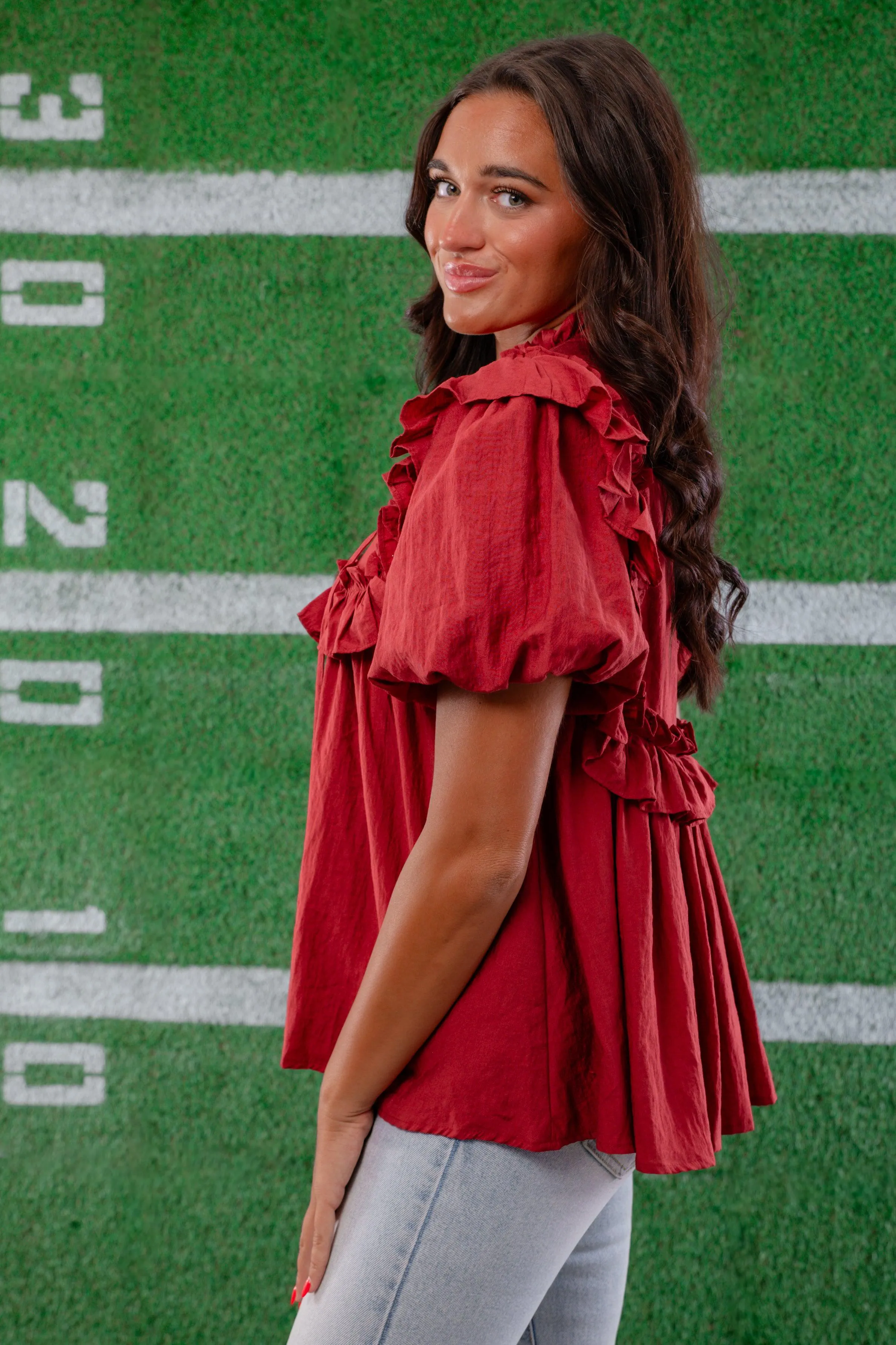 Brick Ruffle Puff Sleeve Blouse