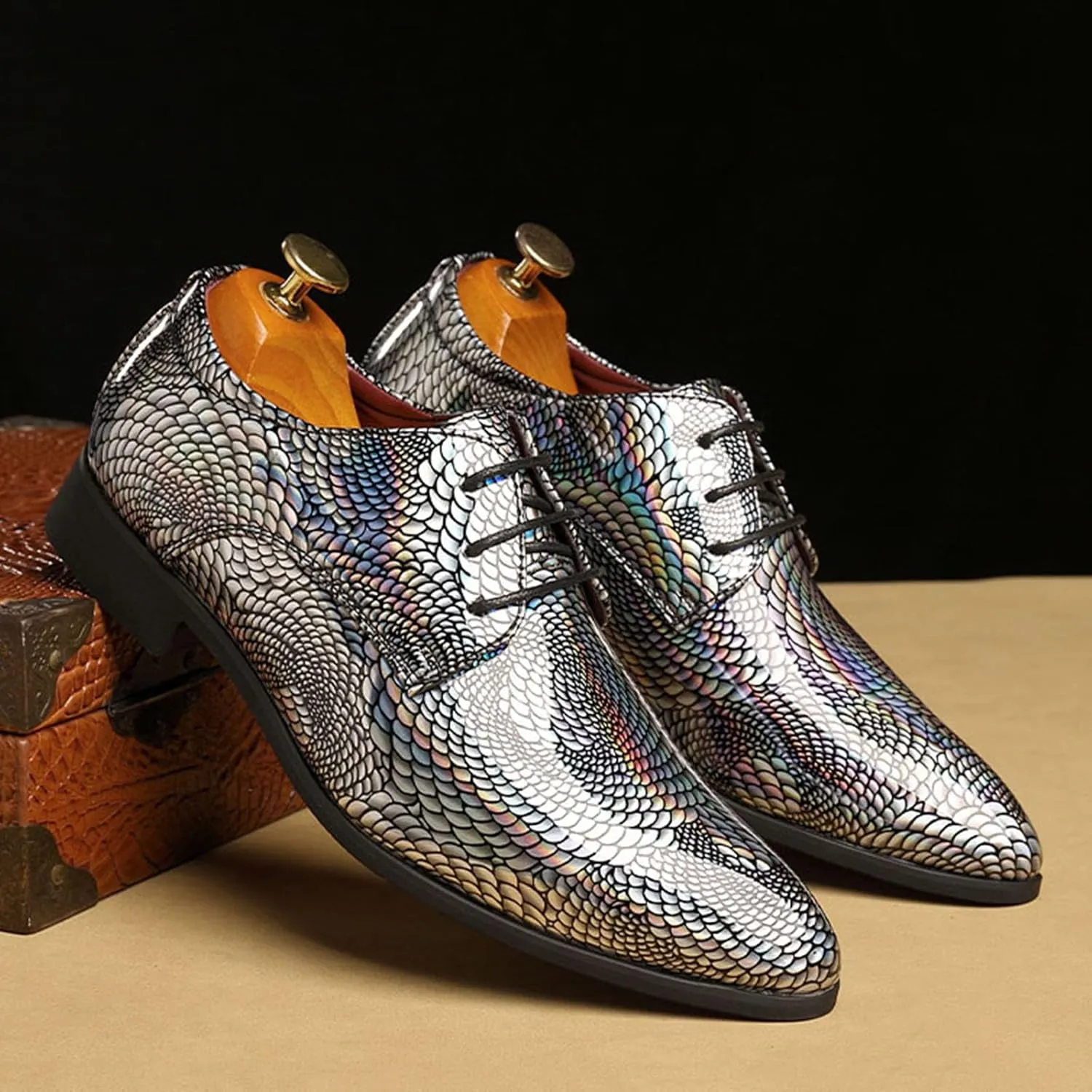 ByErz Men Fashion Dress Business Shoe Pointed Toe Patent Leather Lace Up Oxford Black Blue Green