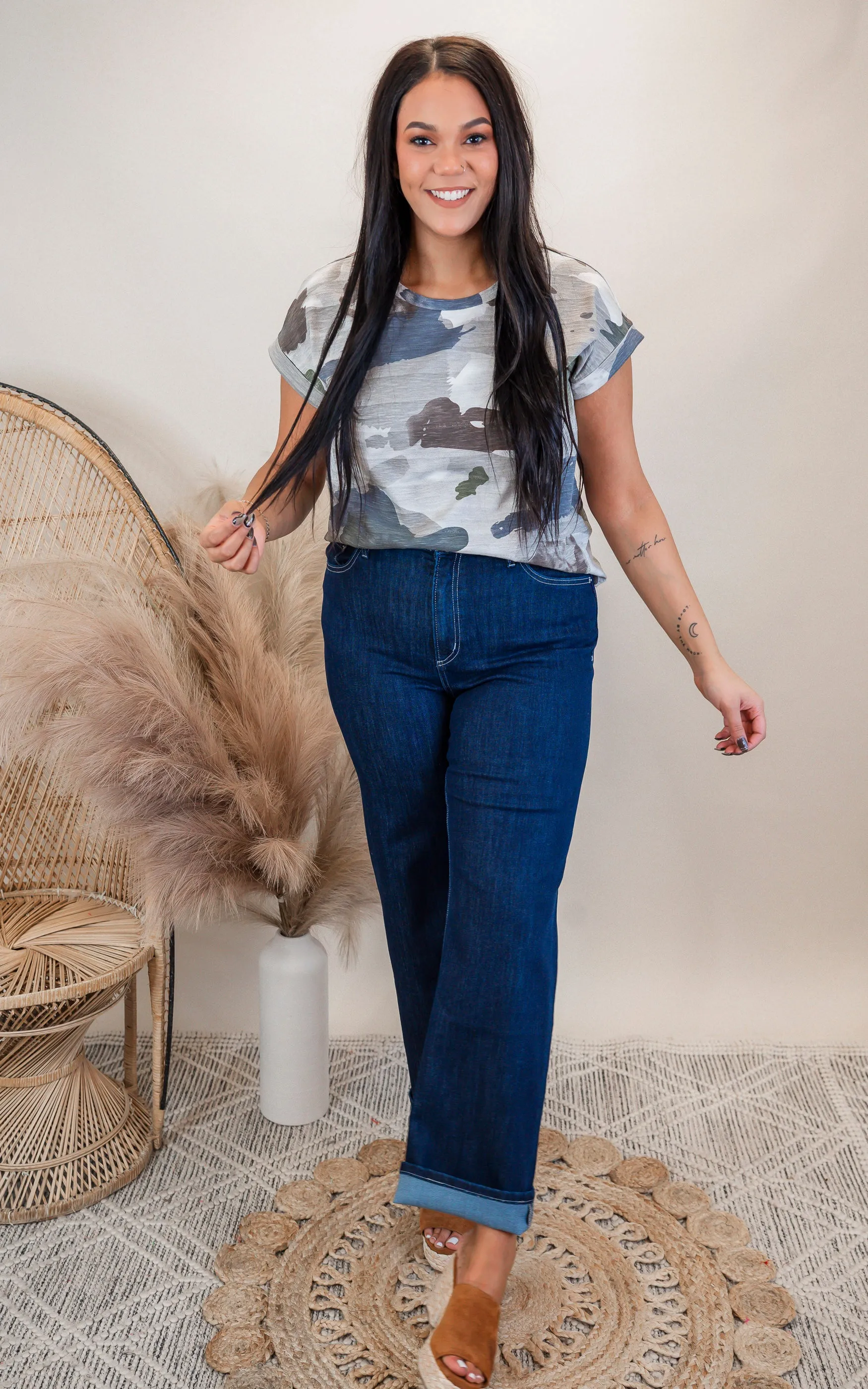 Camo Rolled Up Short Sleeves Top | MYSTREE
