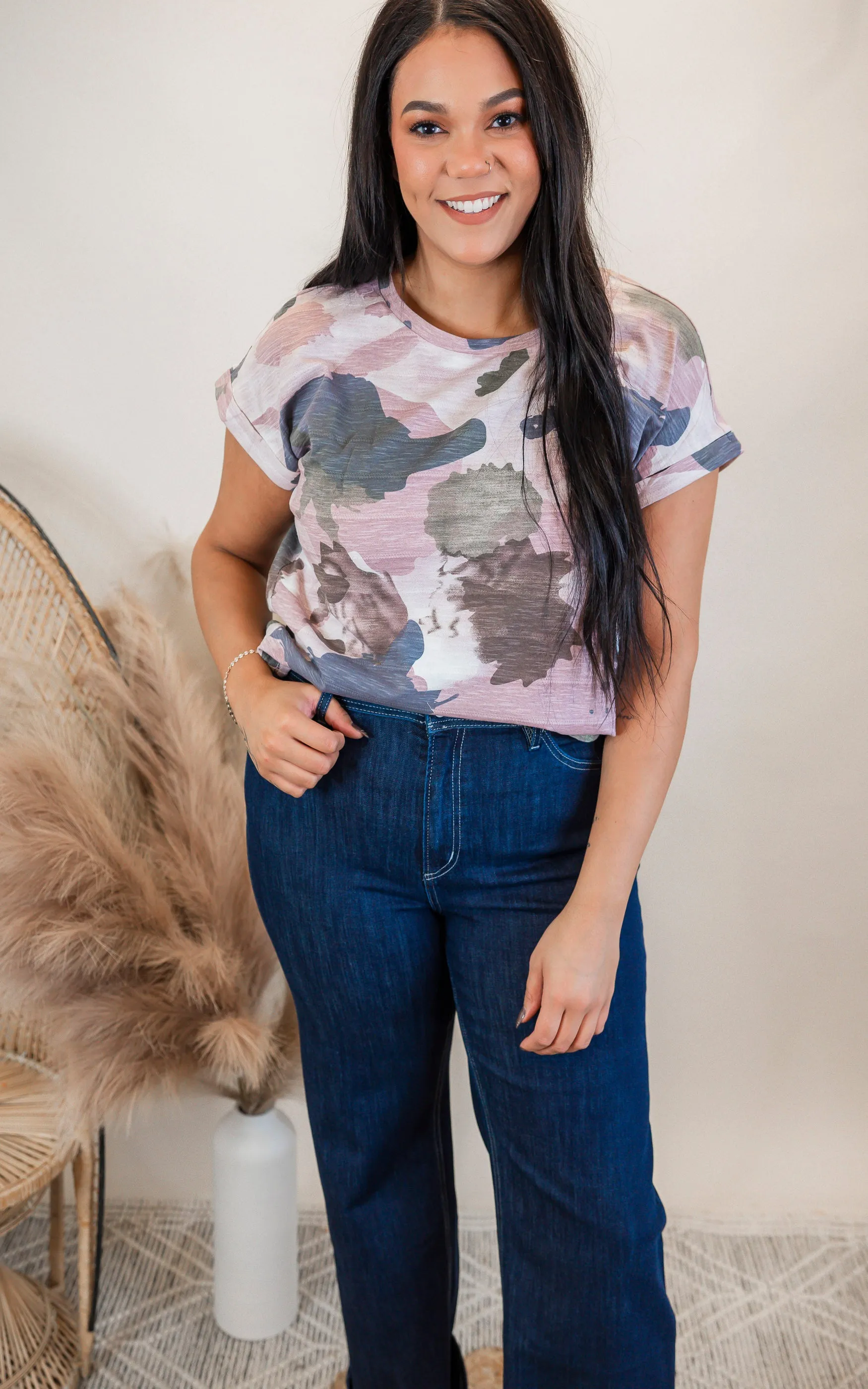 Camo Rolled Up Short Sleeves Top | MYSTREE