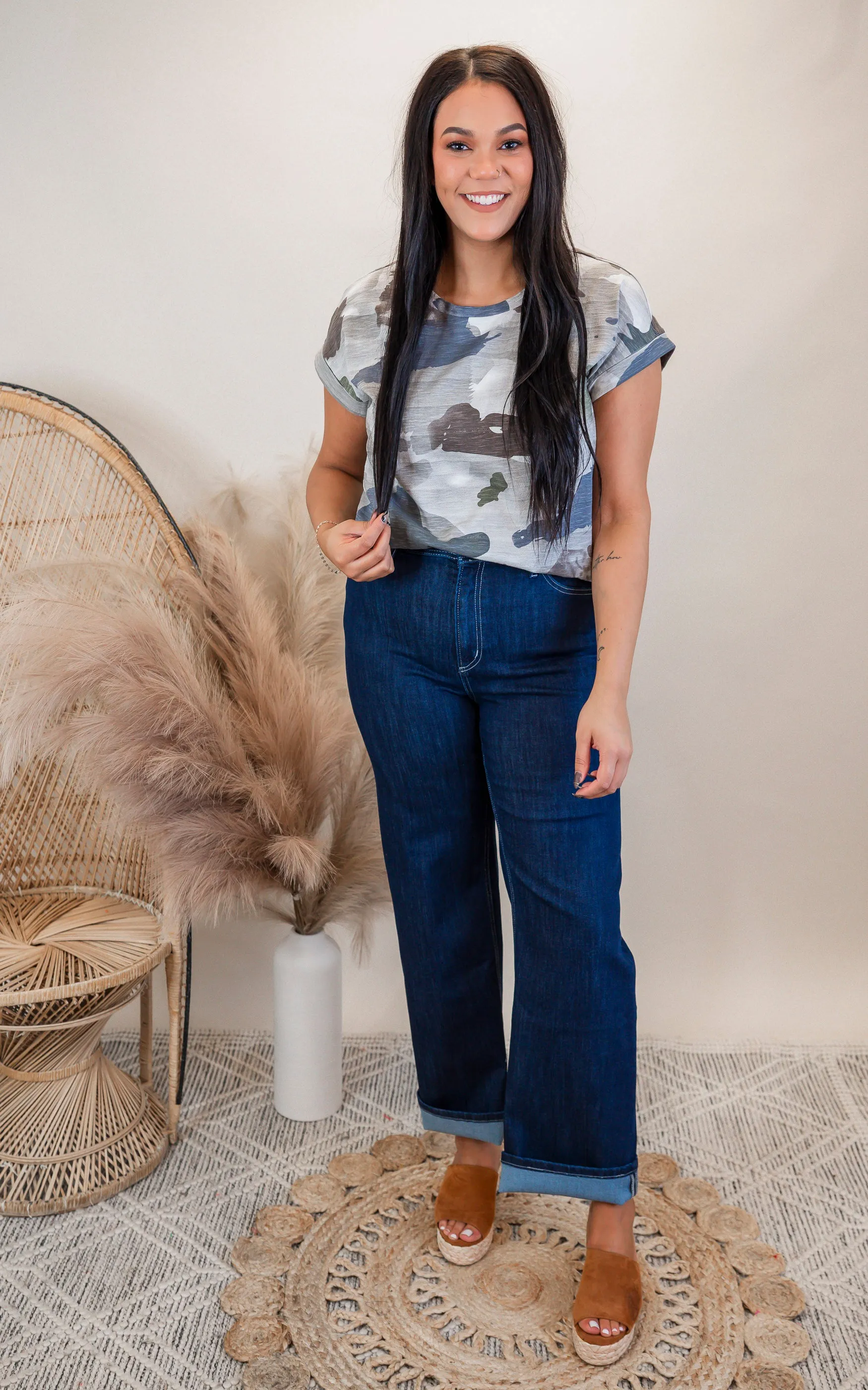 Camo Rolled Up Short Sleeves Top | MYSTREE