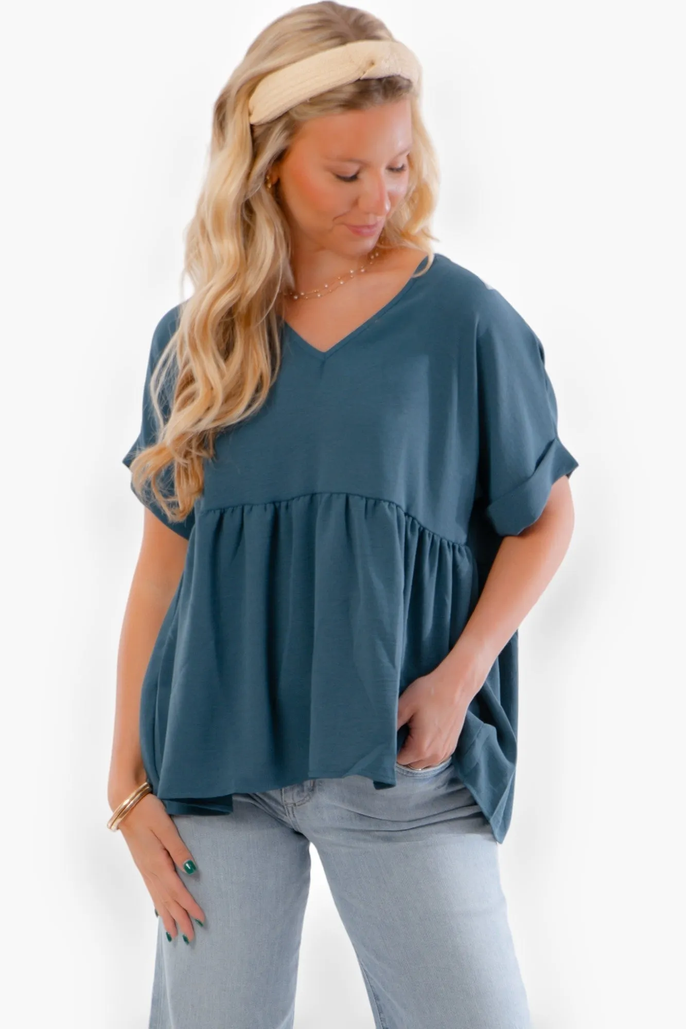 Chants Up Teal Short Sleeve Top