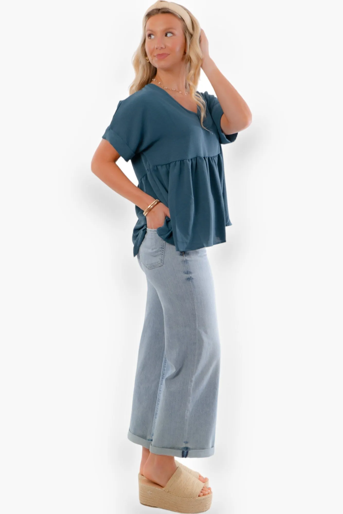 Chants Up Teal Short Sleeve Top