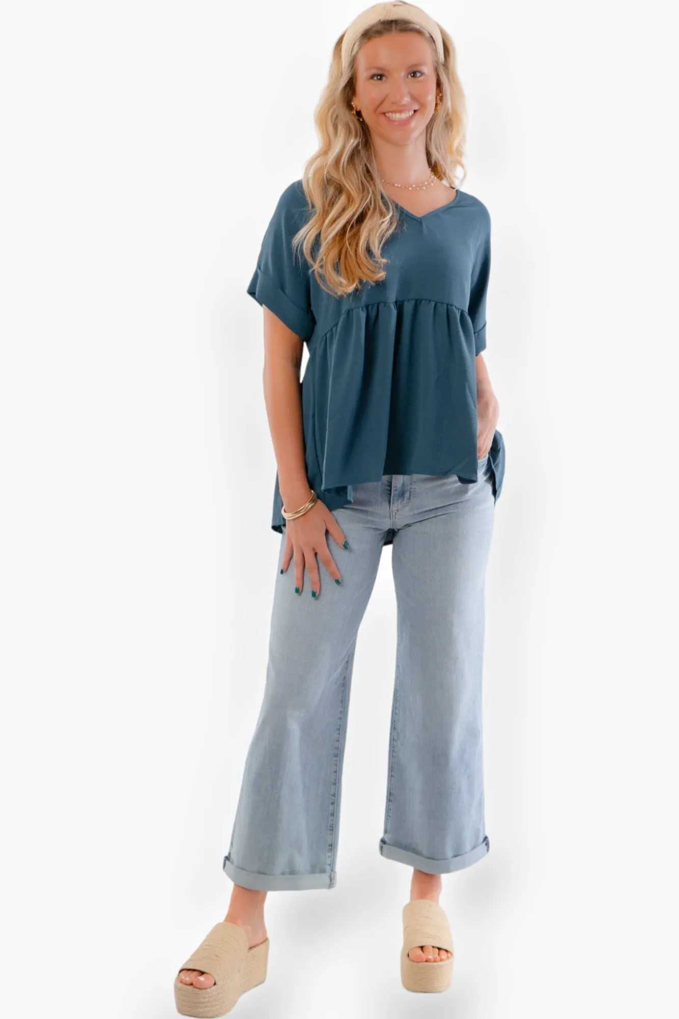 Chants Up Teal Short Sleeve Top