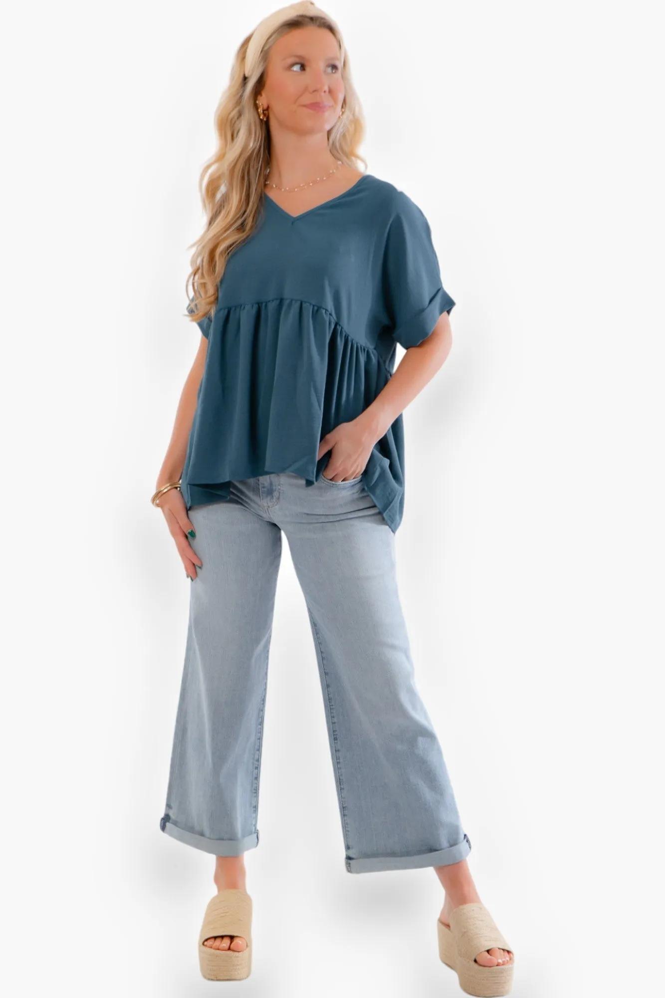 Chants Up Teal Short Sleeve Top