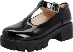 Chunky Mid Heels Oxfords Lug Sole Brogues T-Strap Patent Platform Pumps Gothic Buckled Shoes