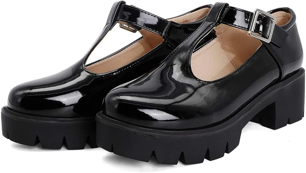 Chunky Mid Heels Oxfords Lug Sole Brogues T-Strap Patent Platform Pumps Gothic Buckled Shoes