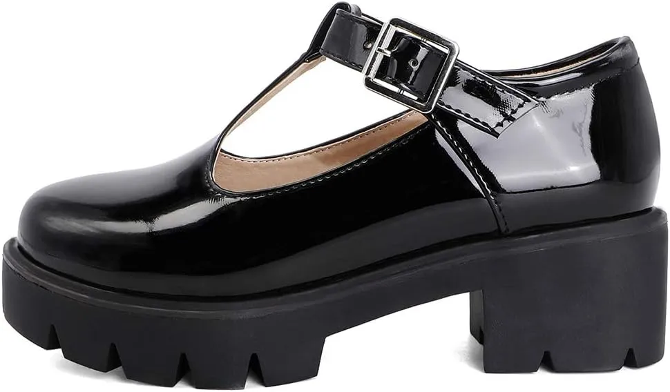 Chunky Mid Heels Oxfords Lug Sole Brogues T-Strap Patent Platform Pumps Gothic Buckled Shoes