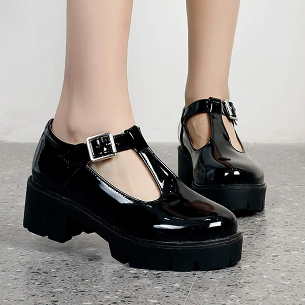 Chunky Mid Heels Oxfords Lug Sole Brogues T-Strap Patent Platform Pumps Gothic Buckled Shoes