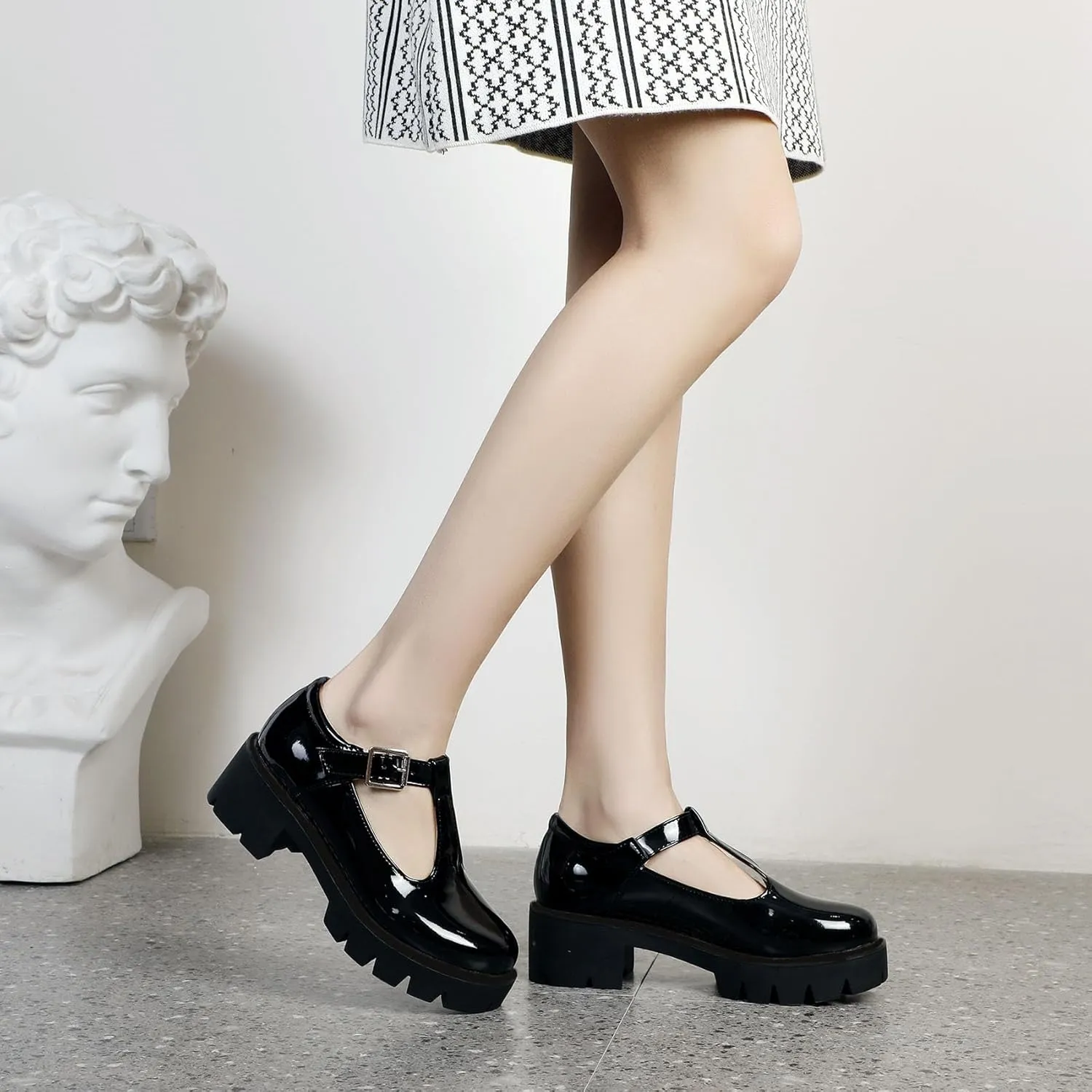 Chunky Mid Heels Oxfords Lug Sole Brogues T-Strap Patent Platform Pumps Gothic Buckled Shoes