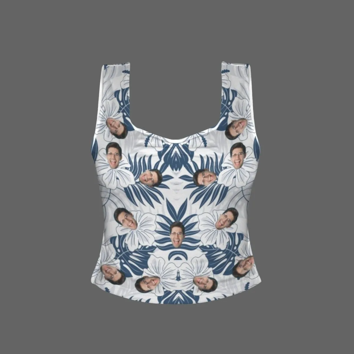 Custom Face Leaves Top Personalized Women's Square Neck Backless Ruched Side Split Crop Tank Tops