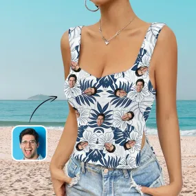 Custom Face Leaves Top Personalized Women's Square Neck Backless Ruched Side Split Crop Tank Tops