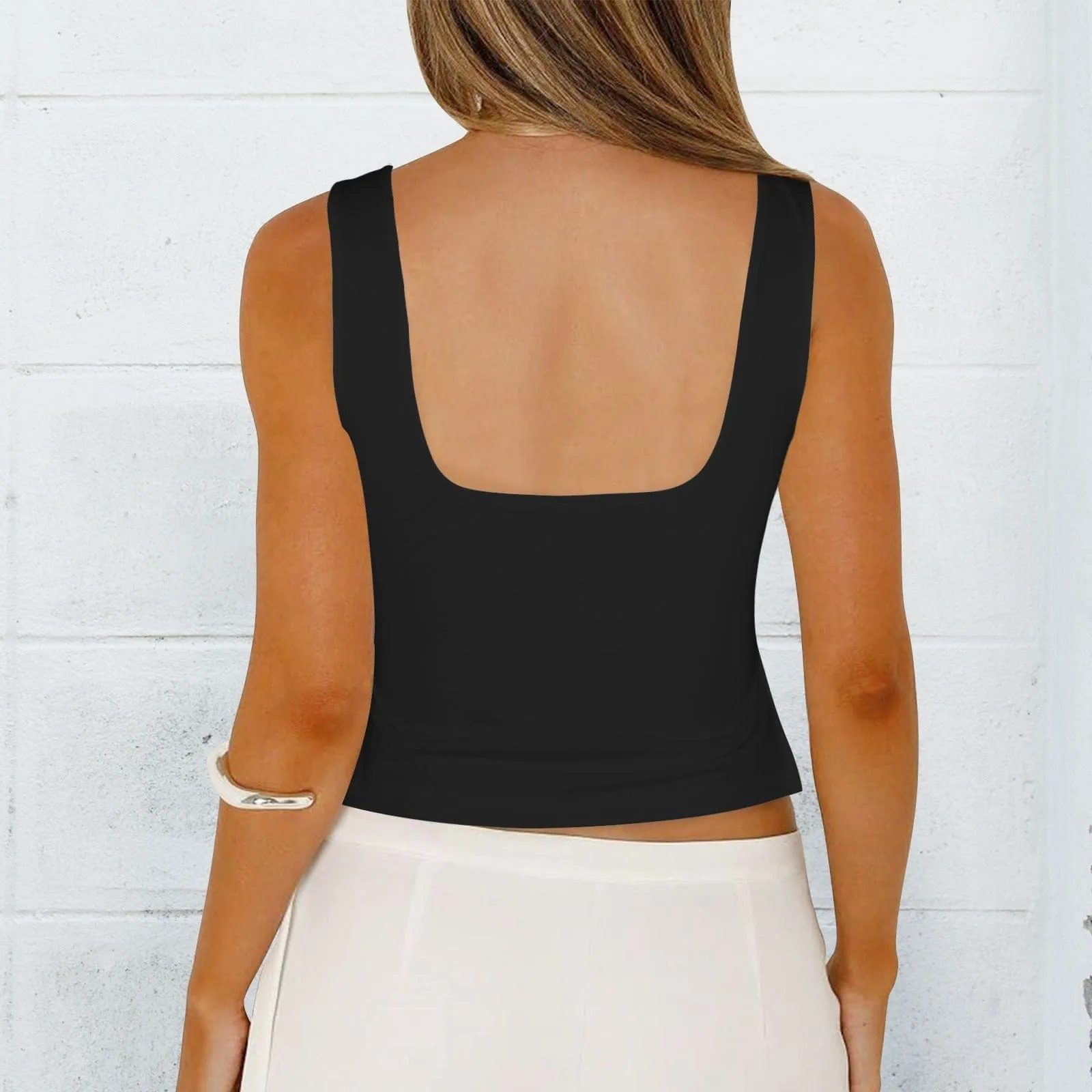 Custom Face&Text Ribbons Top Personalized Women's Square Neck Backless Ruched Side Split Crop Tank Tops