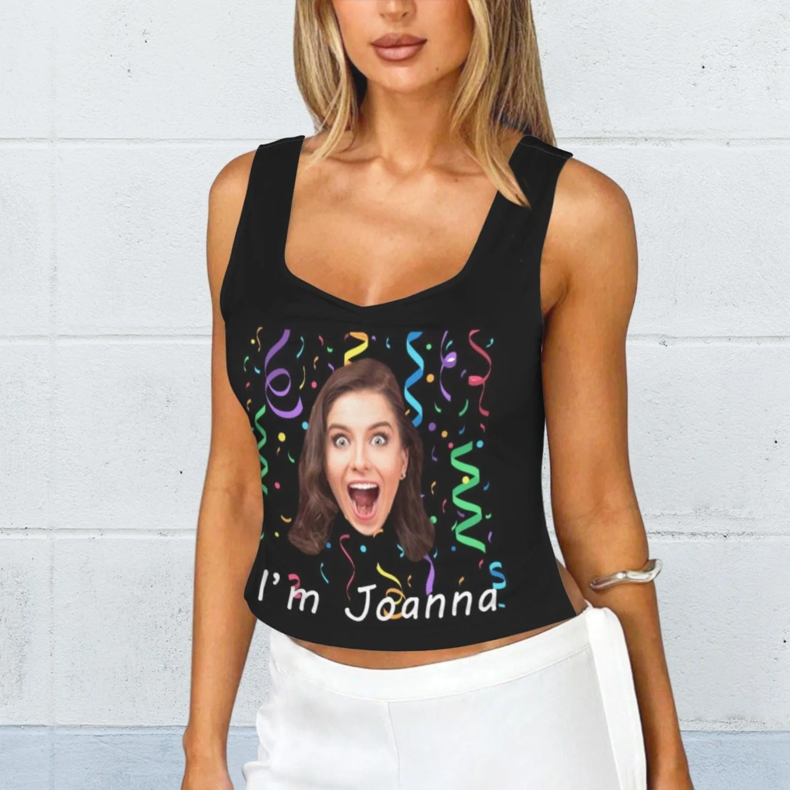 Custom Face&Text Ribbons Top Personalized Women's Square Neck Backless Ruched Side Split Crop Tank Tops