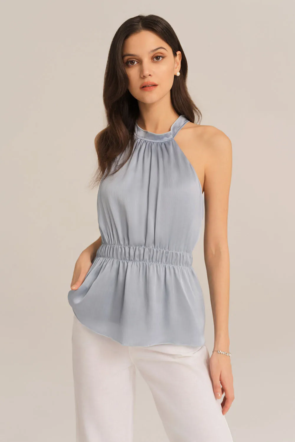 Cut-out Shoulder Keyhole Back Elastic Waist Halterneck Tops - Blue